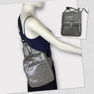 Travelon Crossbody Travel Bag & Passport Neckalce Gray Faux Crocodile Purse